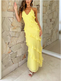 Robe Maxi Femme avec Volants, Décolleté en V et Dos Nu