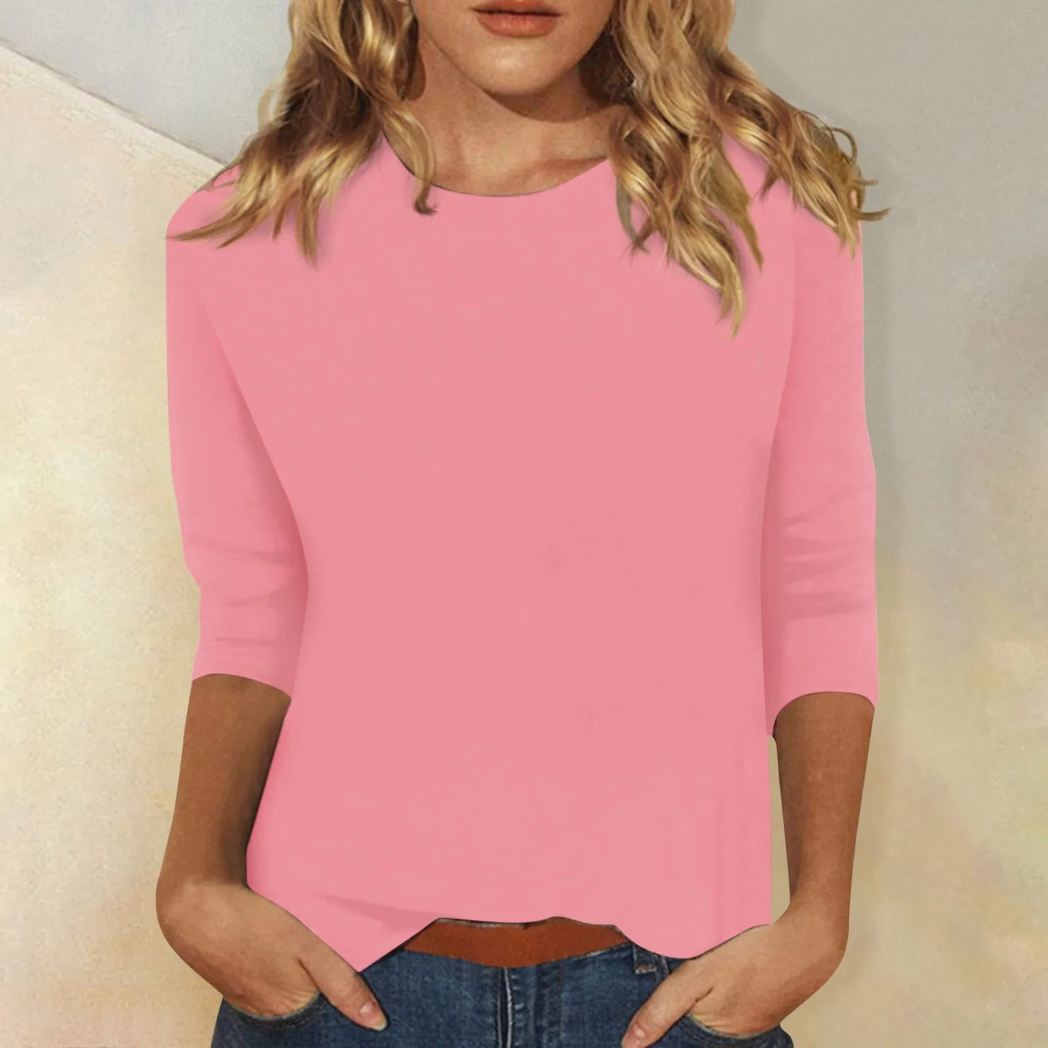 T-shirt Femme Uni à Manches Longues et Col Rond
