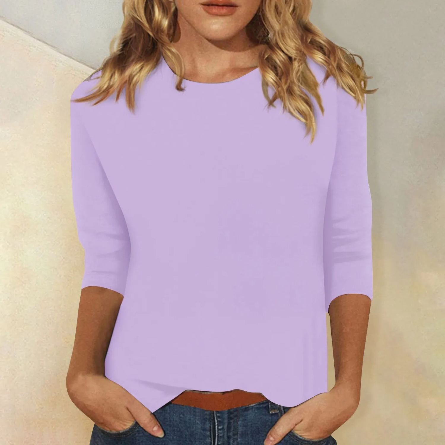 T-shirt Femme Uni à Manches Longues et Col Rond