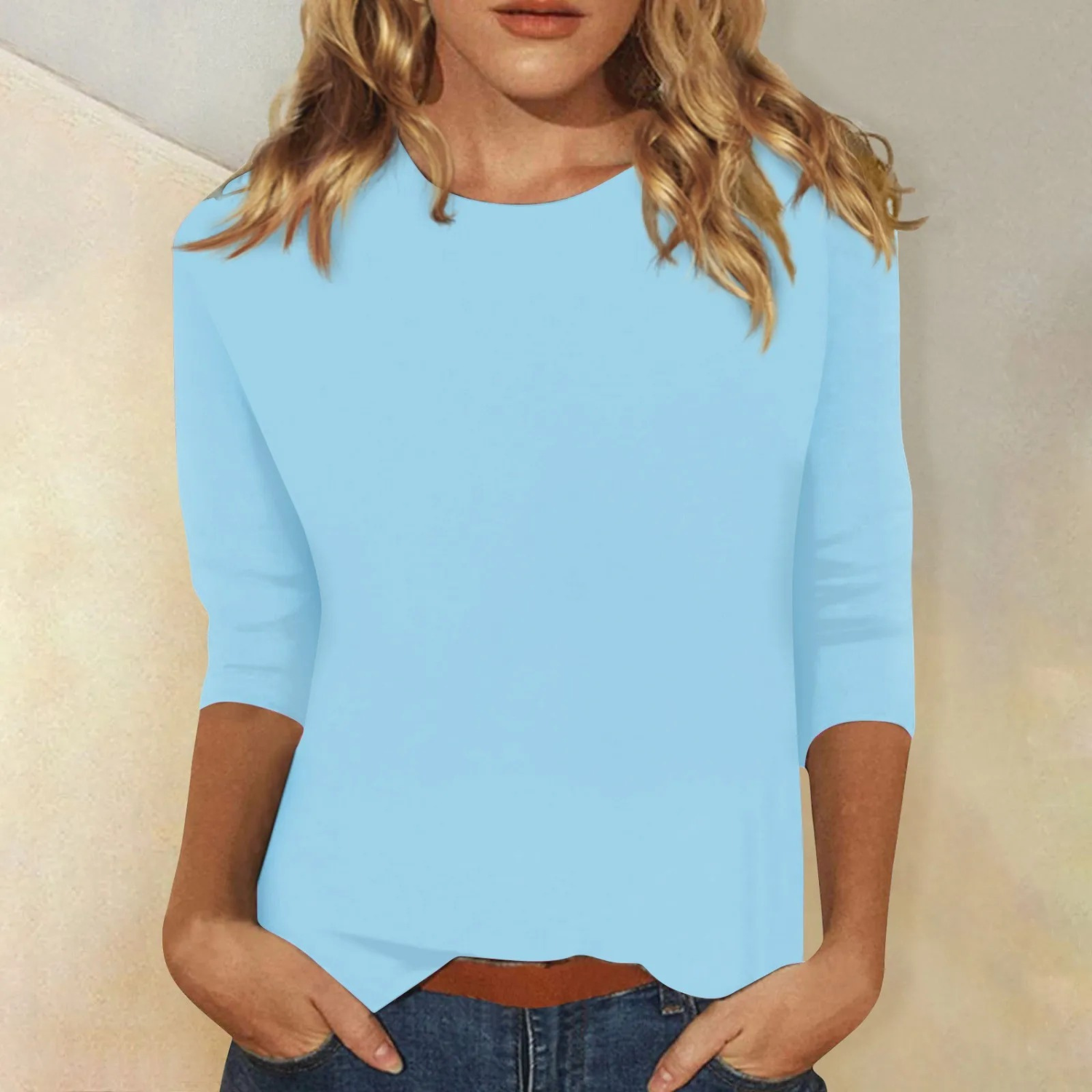 T-shirt Femme Uni à Manches Longues et Col Rond