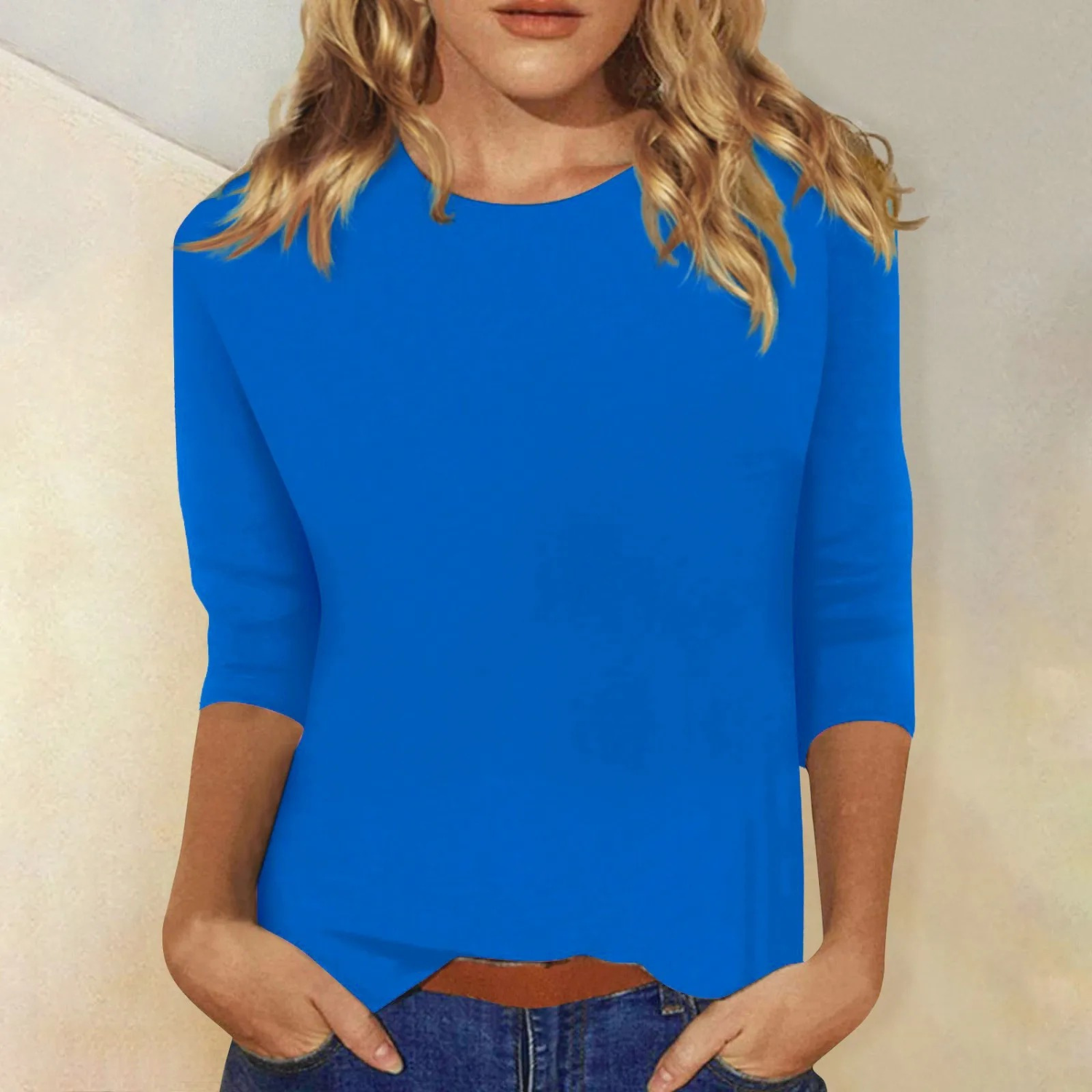 T-shirt Femme Uni à Manches Longues et Col Rond