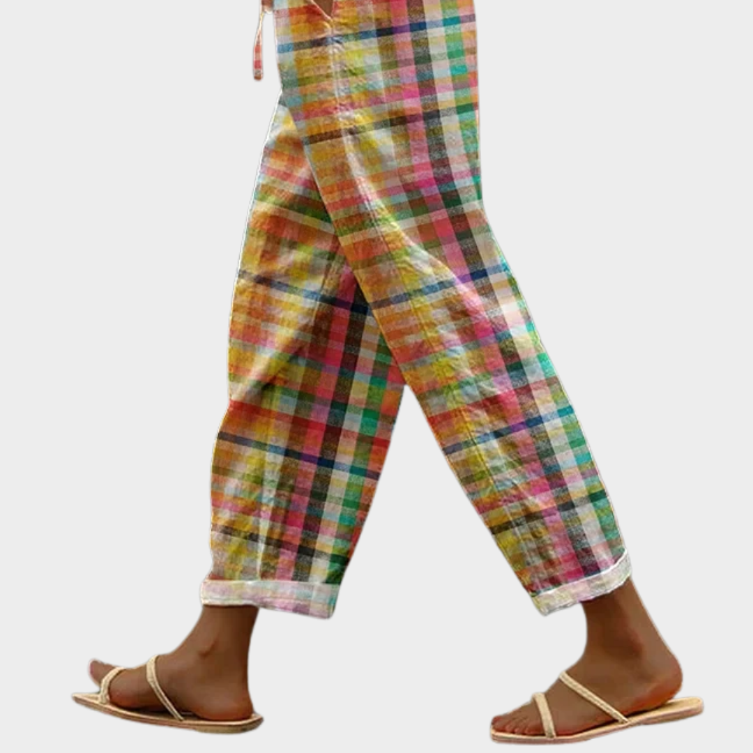 Pantalon Long Femme à Motif Carreaux