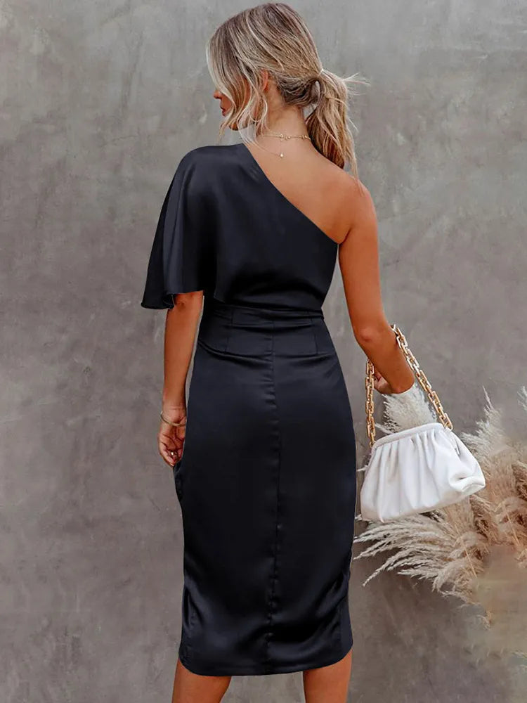 Robe Femme | Une Épaule & Fente Plissée
