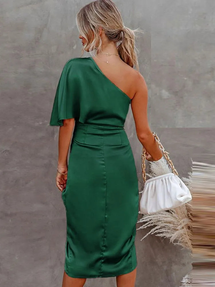 Robe Femme | Une Épaule & Fente Plissée