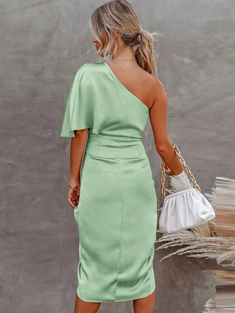 Robe Femme | Une Épaule & Fente Plissée