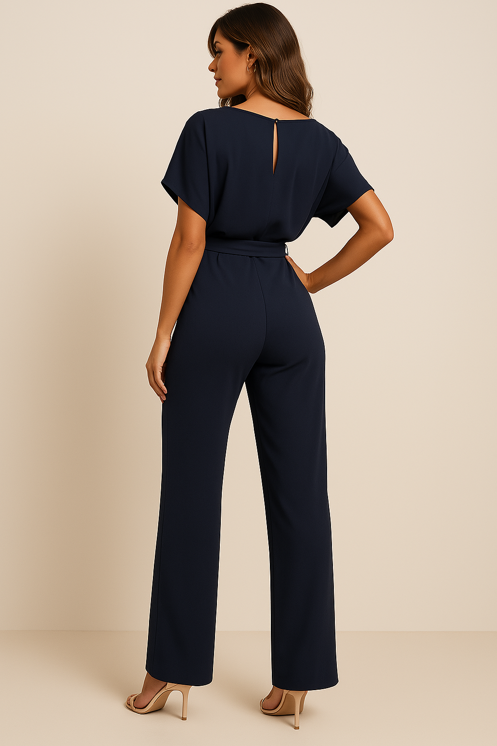 Combinaison à Jambe Large pour Femme avec Ceinture et Manches Courtes Style Kimono