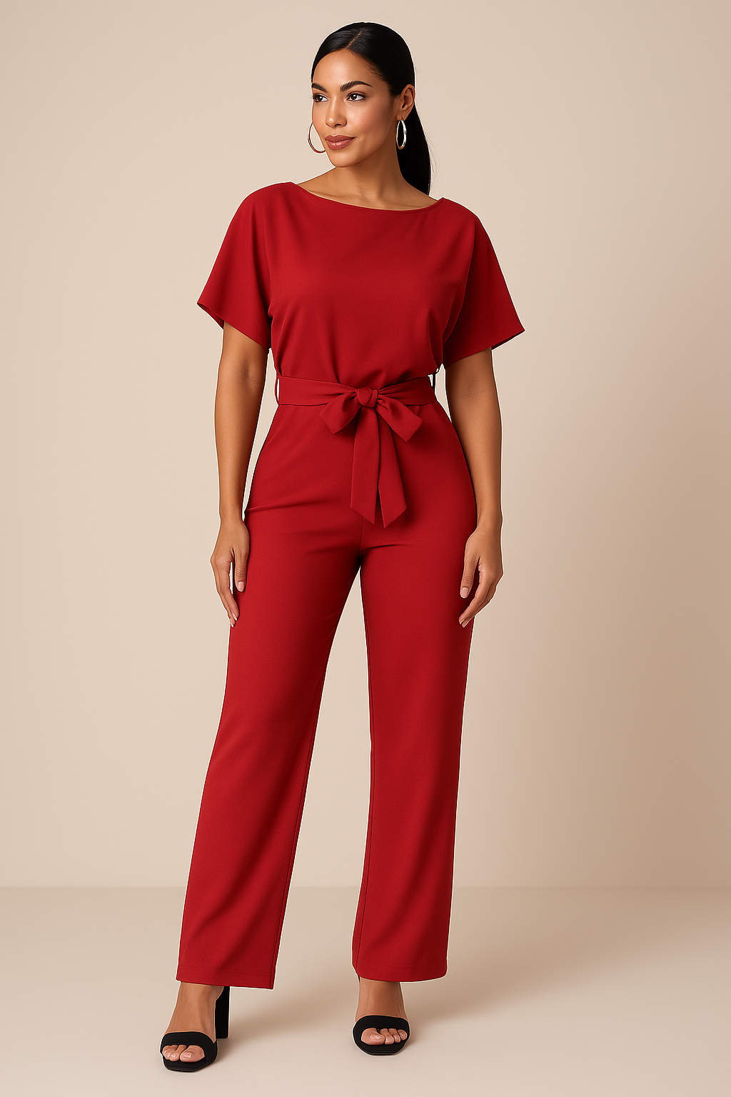 Combinaison à Jambe Large pour Femme avec Ceinture et Manches Courtes Style Kimono
