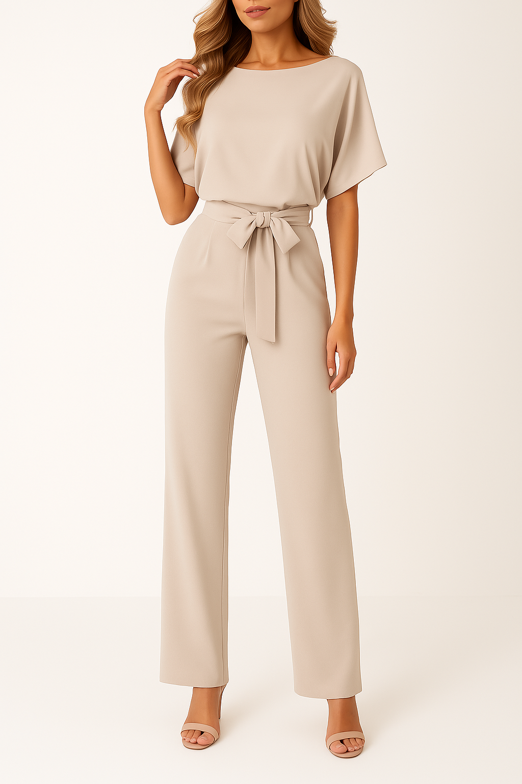 Combinaison à Jambe Large pour Femme avec Ceinture et Manches Courtes Style Kimono