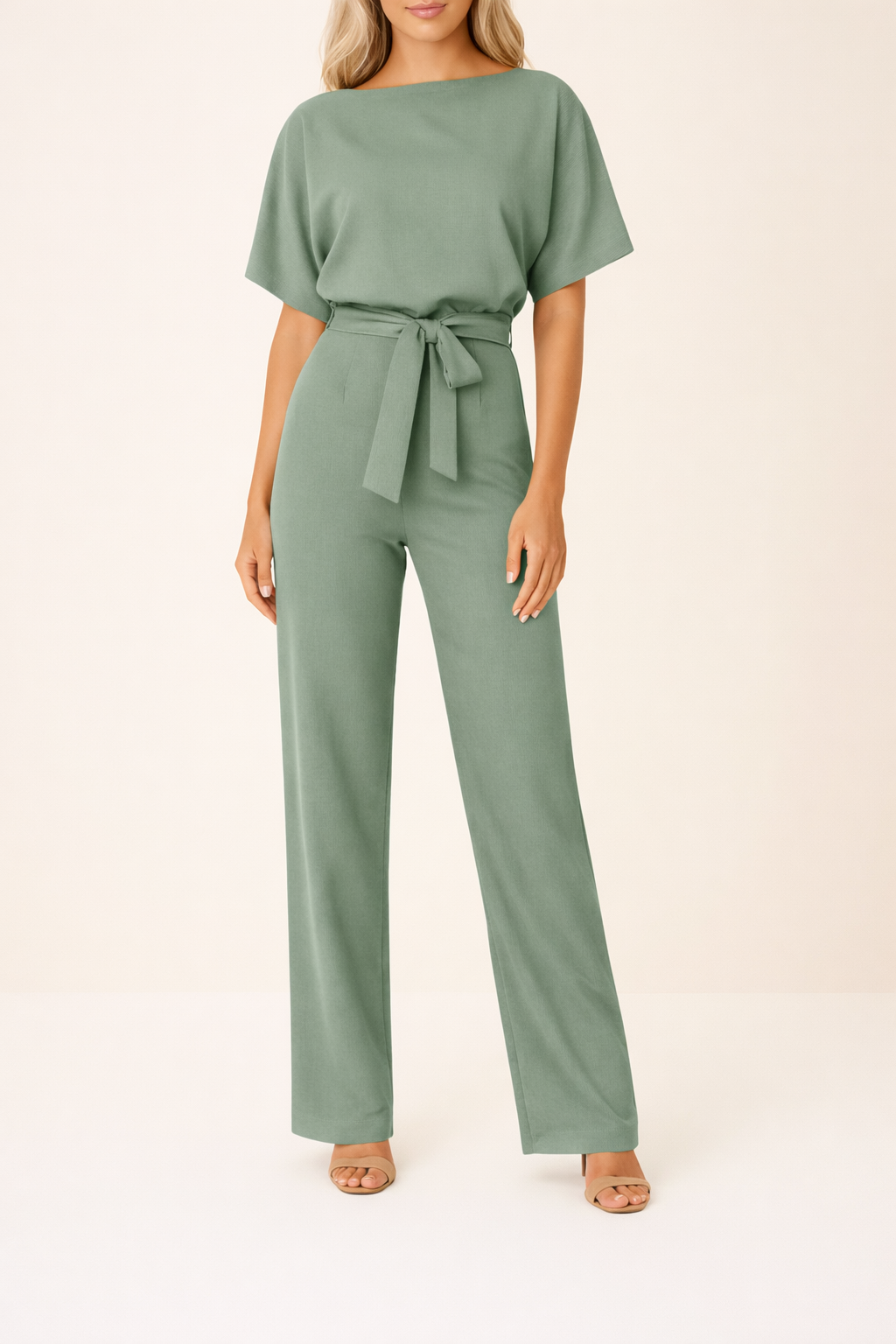 Combinaison à Jambe Large pour Femme avec Ceinture et Manches Courtes Style Kimono
