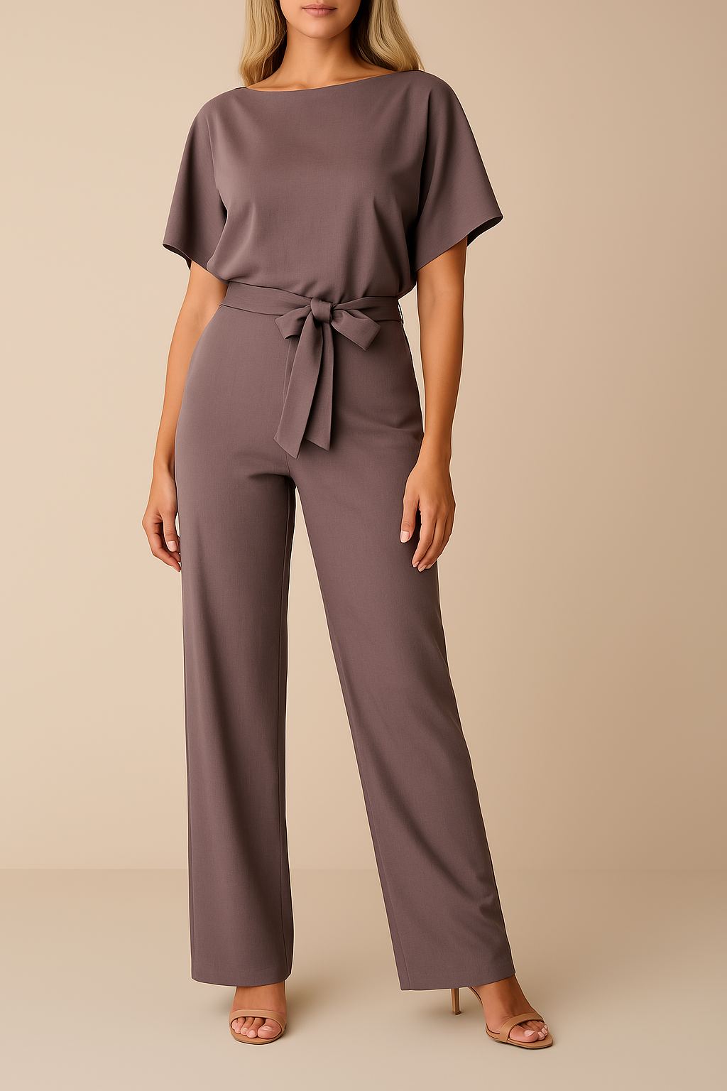 Combinaison à Jambe Large pour Femme avec Ceinture et Manches Courtes Style Kimono