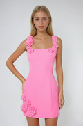 Robe Mini Cocktail d'Été avec Appliqués Floraux Roses