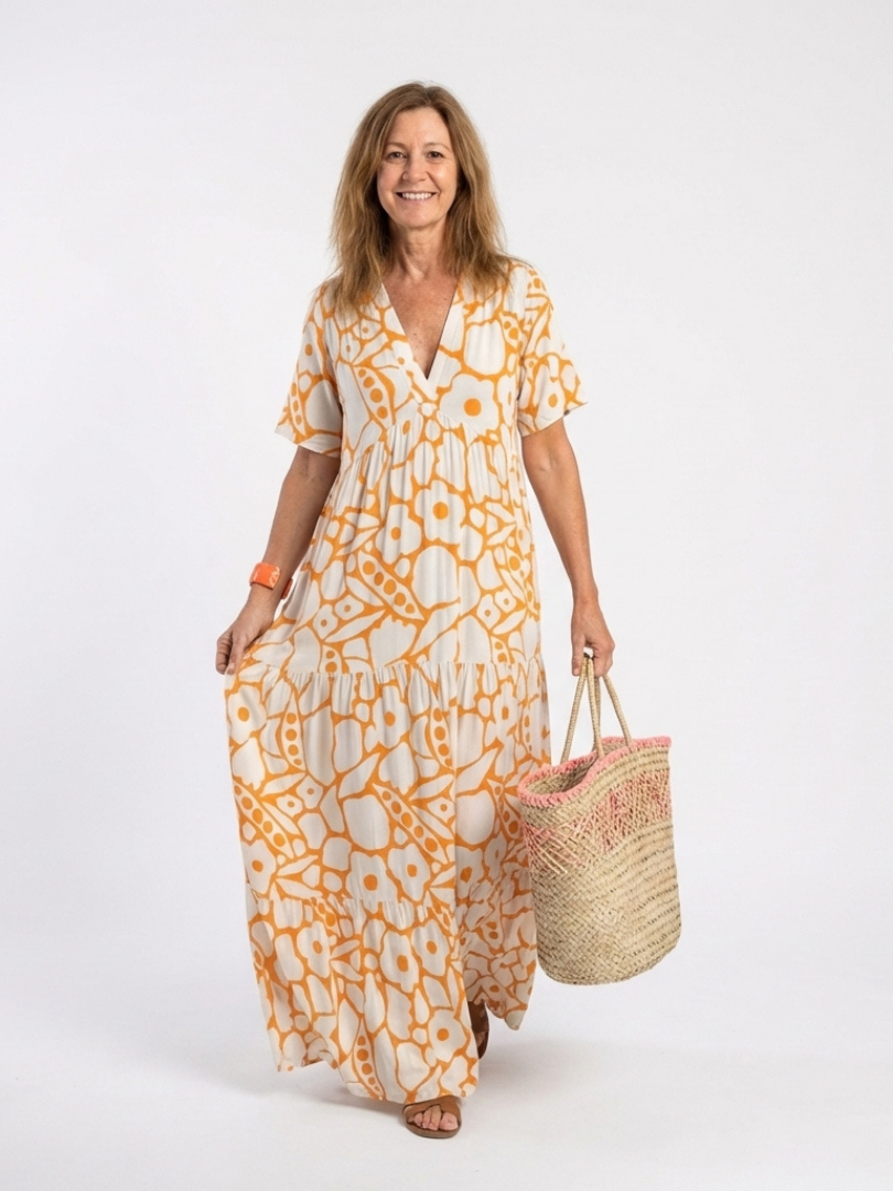 Zuleika | Robe Midi à Manches Courtes et Décolleté en V Floral