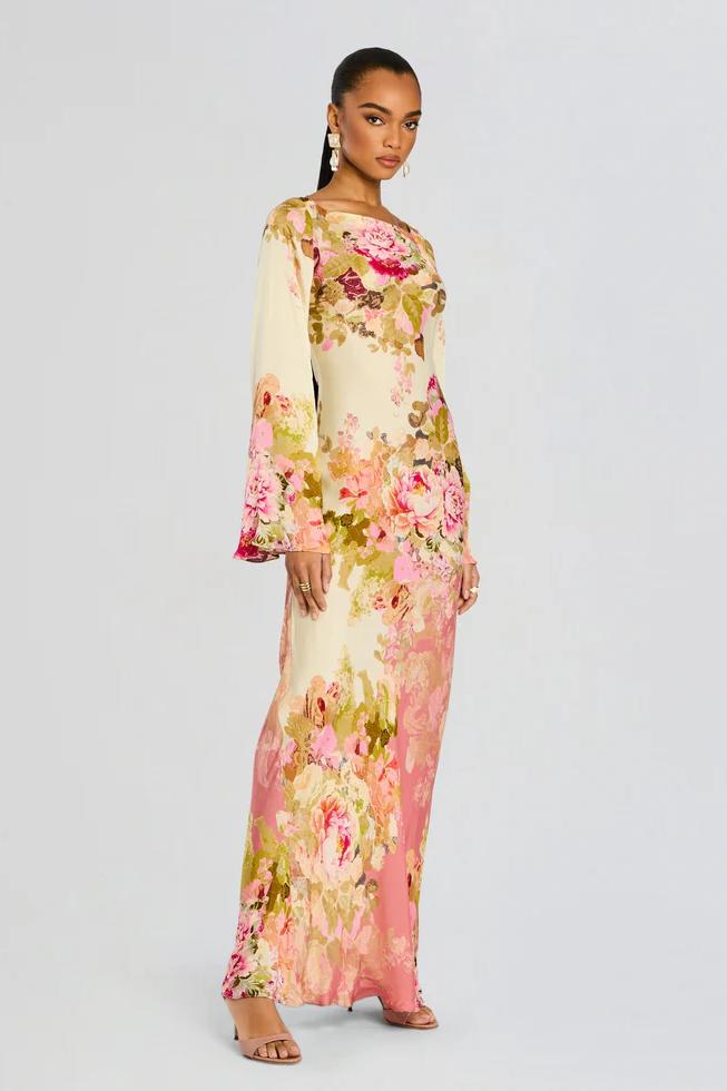 Robe de Soirée à Manches Évasées Florales