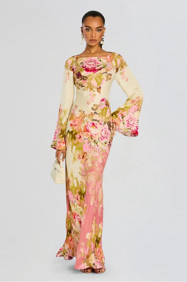 Robe de Soirée à Manches Évasées Florales