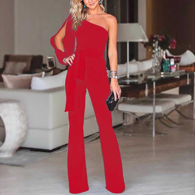 Mono Long Femme avec Épaule Dégagée, Manches Ouvertes et Ceinture Nœud