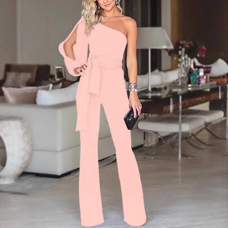 Mono Long Femme avec Épaule Dégagée, Manches Ouvertes et Ceinture Nœud