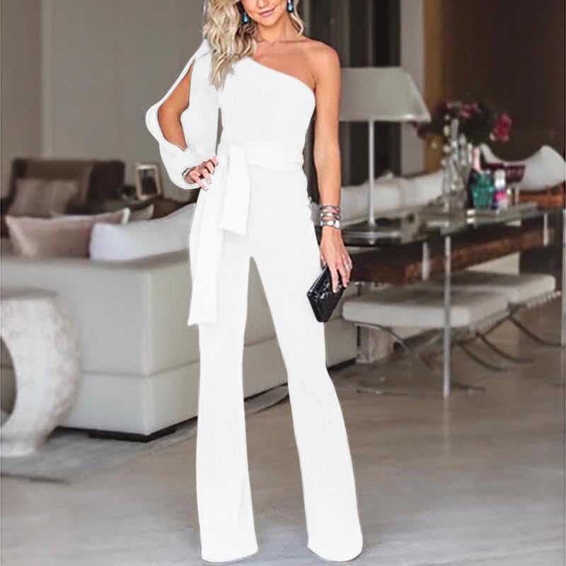 Mono Long Femme avec Épaule Dégagée, Manches Ouvertes et Ceinture Nœud