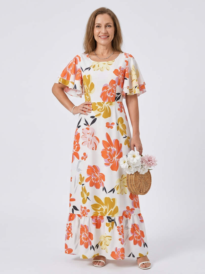 Elowen | Robe Maxi à Encolure Ronde et Manches Courtes Volantes