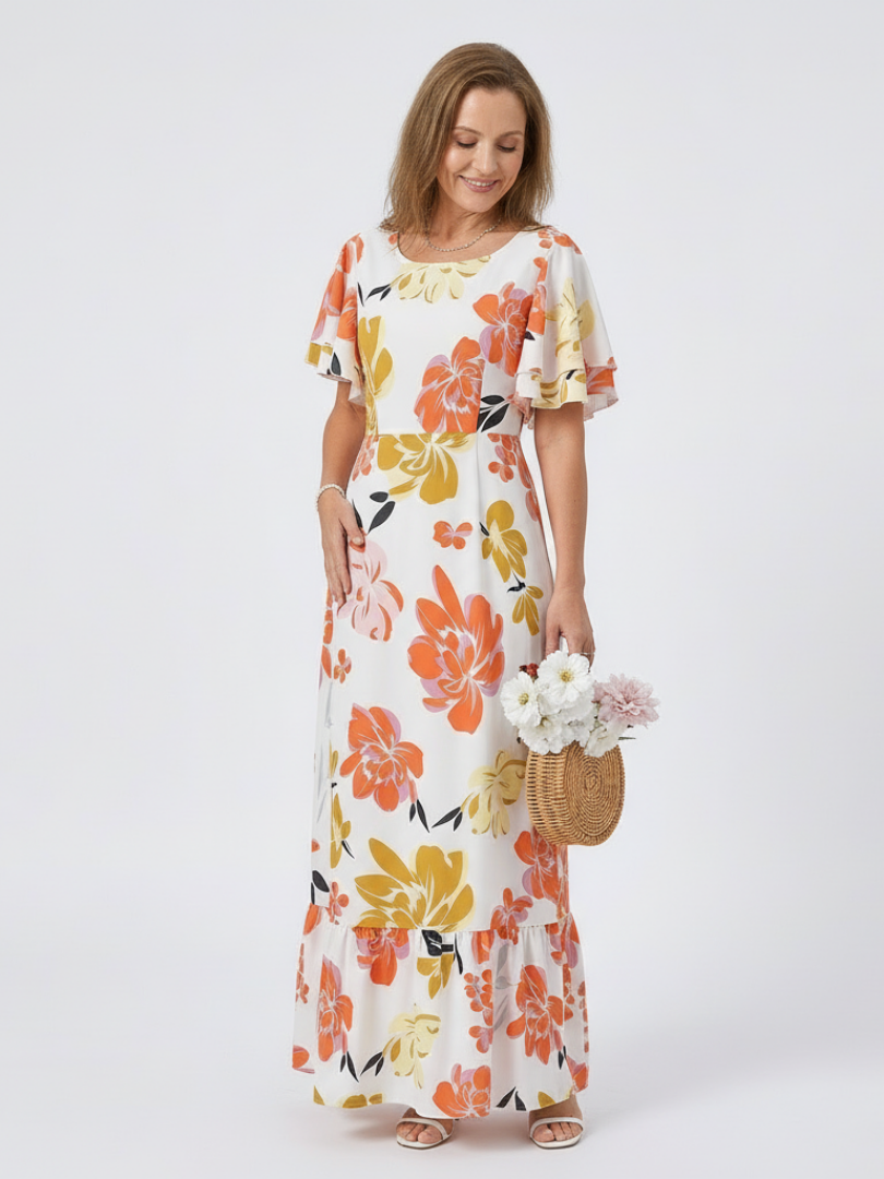 Elowen | Robe Maxi à Encolure Ronde et Manches Courtes Volantes