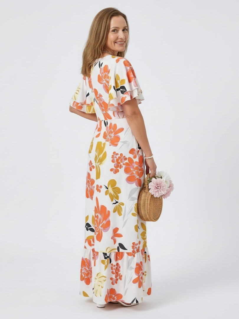 Elowen | Robe Maxi à Encolure Ronde et Manches Courtes Volantes