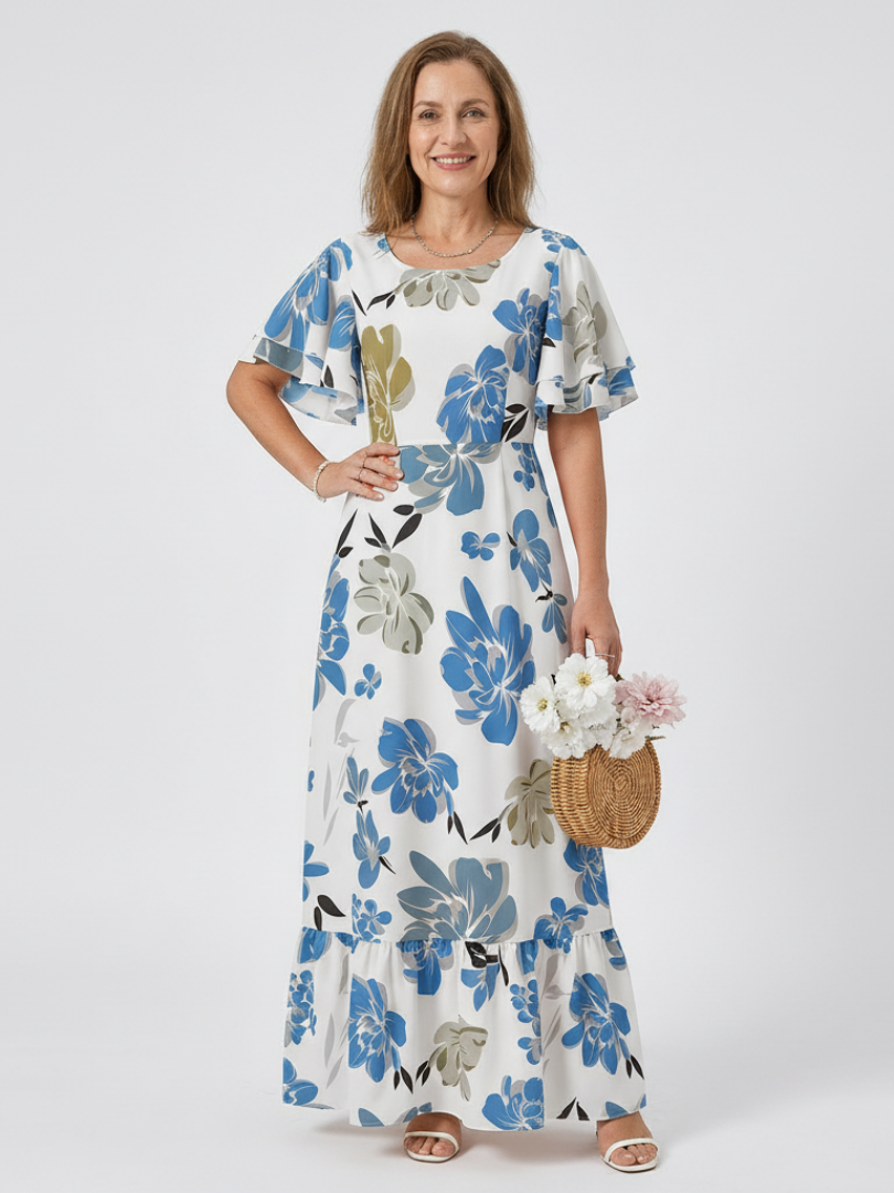 Elowen | Robe Maxi à Encolure Ronde et Manches Courtes Volantes