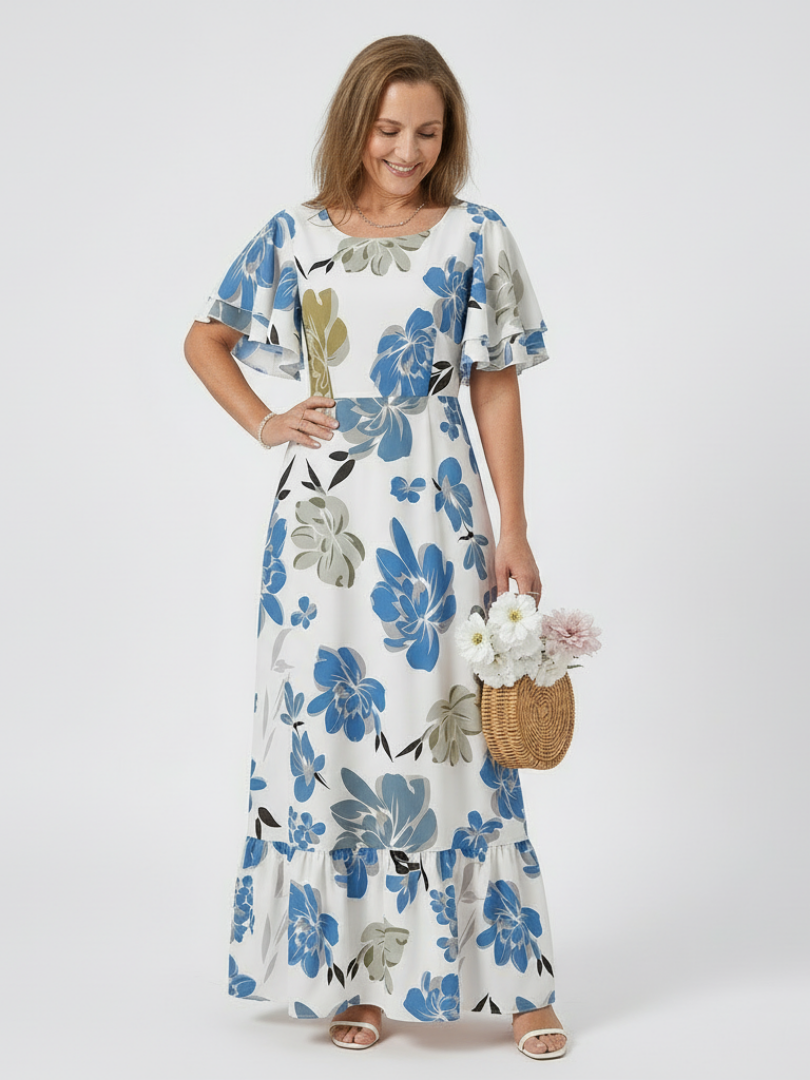 Elowen | Robe Maxi à Encolure Ronde et Manches Courtes Volantes