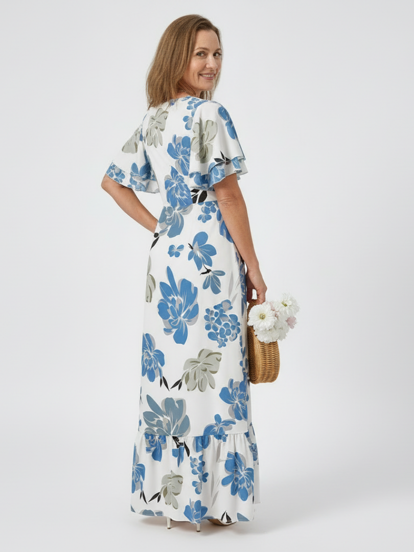 Elowen | Robe Maxi à Encolure Ronde et Manches Courtes Volantes