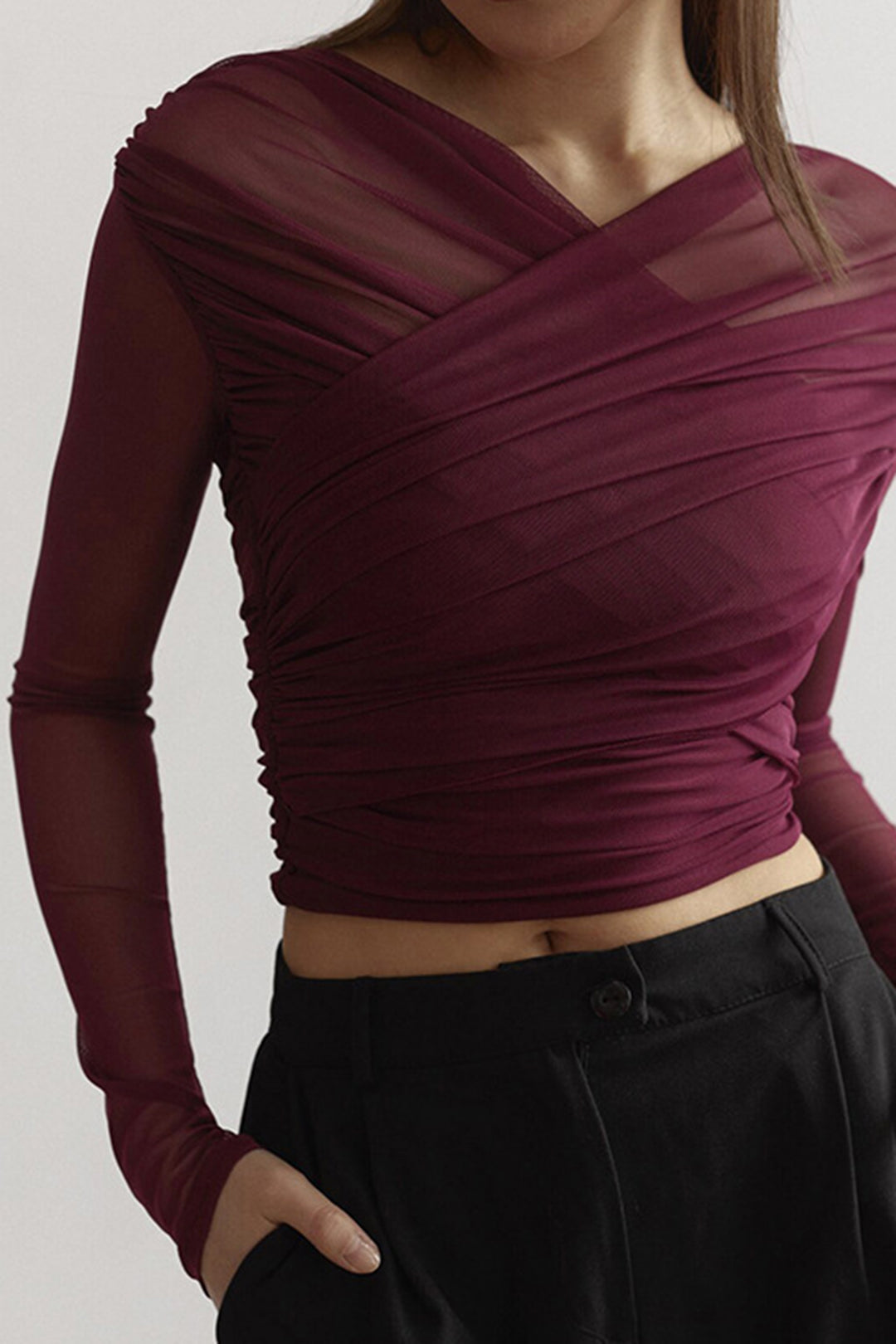 Haut Long à Manches Ruchés en Tulle Transparent