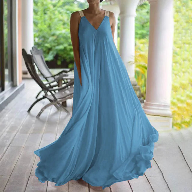 Chloë - Robe maxi femme style boho avec décolleté en V, sans manches, été, unie, coupe décontractée