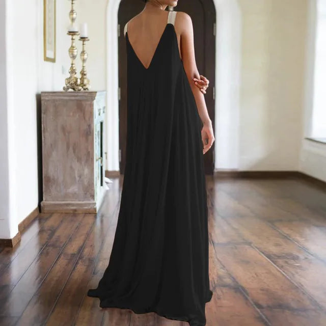 Chloë - Robe maxi femme style boho avec décolleté en V, sans manches, été, unie, coupe décontractée