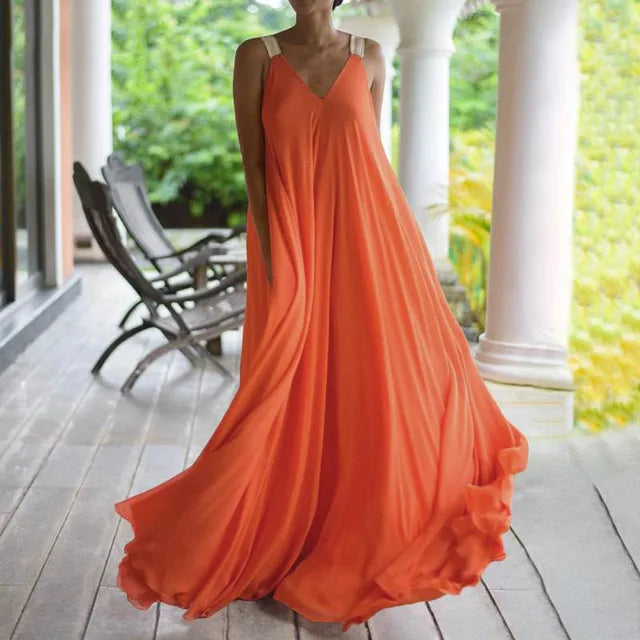 Chloë - Robe maxi femme style boho avec décolleté en V, sans manches, été, unie, coupe décontractée