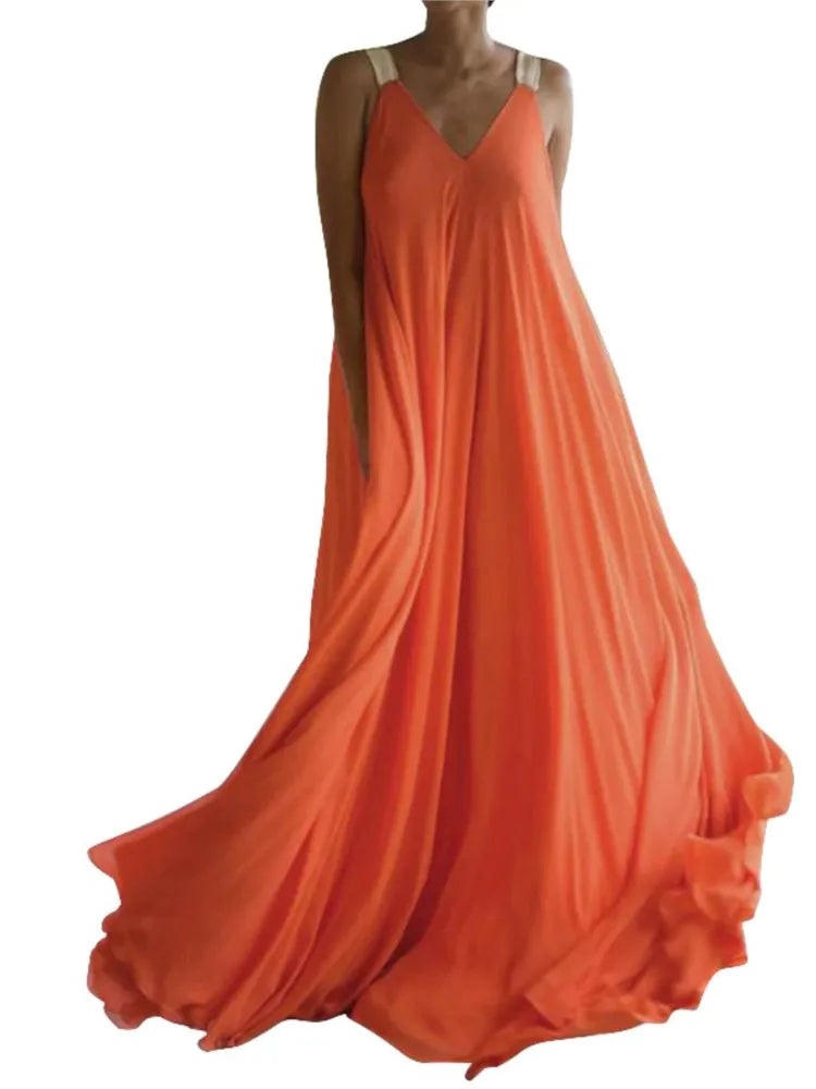 Chloë - Robe maxi femme style boho avec décolleté en V, sans manches, été, unie, coupe décontractée