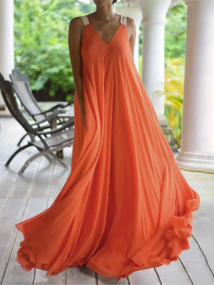 Chloë - Robe maxi femme style boho avec décolleté en V, sans manches, été, unie, coupe décontractée