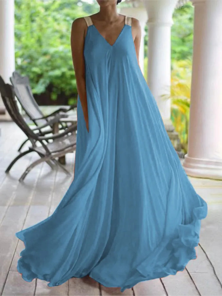 Chloë - Robe maxi femme style boho avec décolleté en V, sans manches, été, unie, coupe décontractée