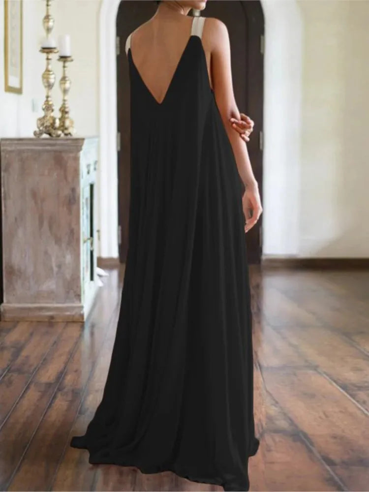 Chloë - Robe maxi femme style boho avec décolleté en V, sans manches, été, unie, coupe décontractée