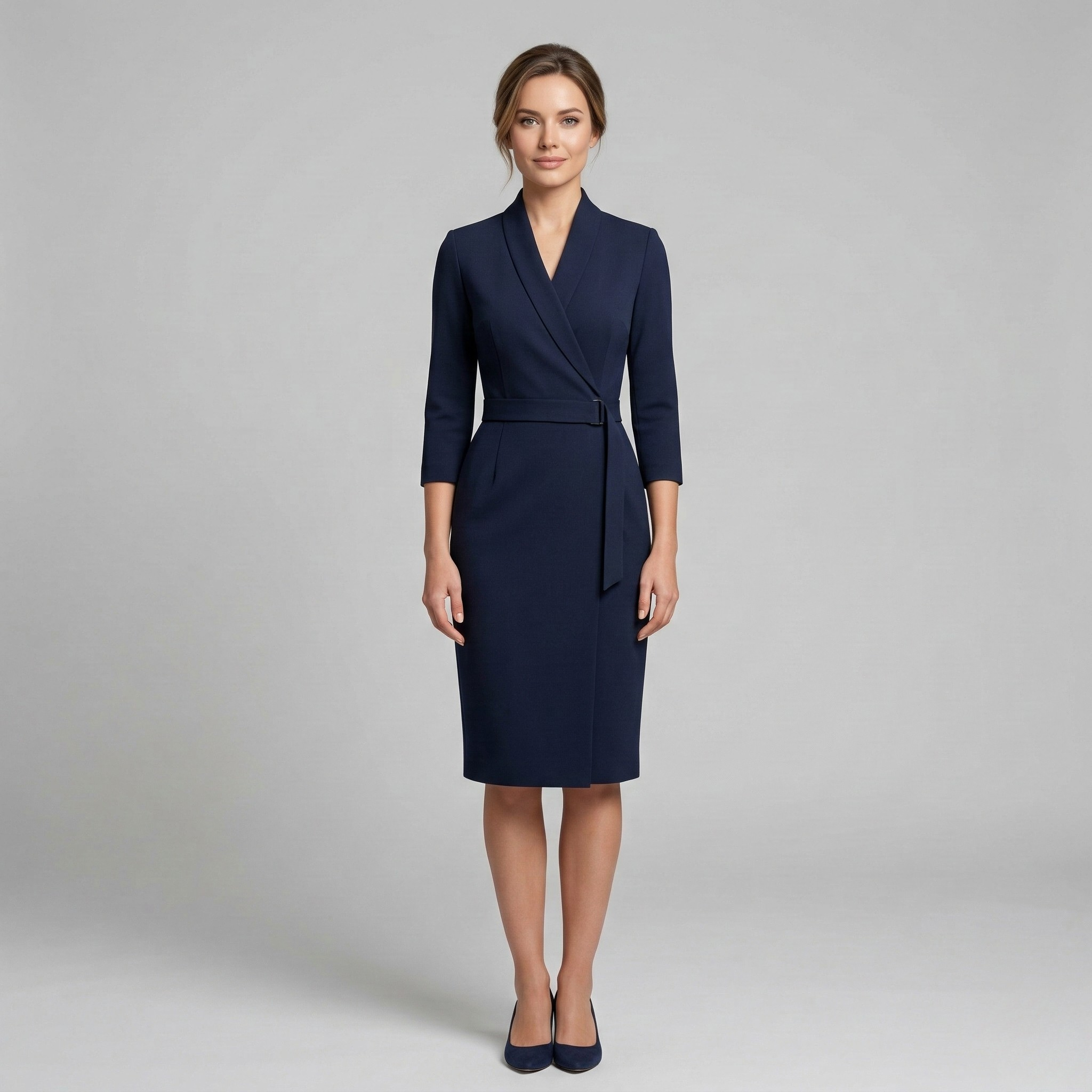 Robe Midi Ajustée avec Col Montant et Manches 3/4 avec Ceinture pour Femme