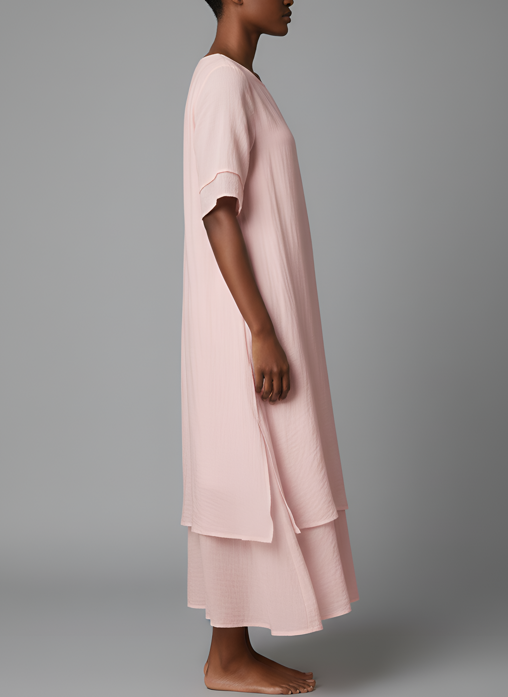 Robe Longue en Mélange de Coton avec Manches Courtes et Ourlet Irregulier