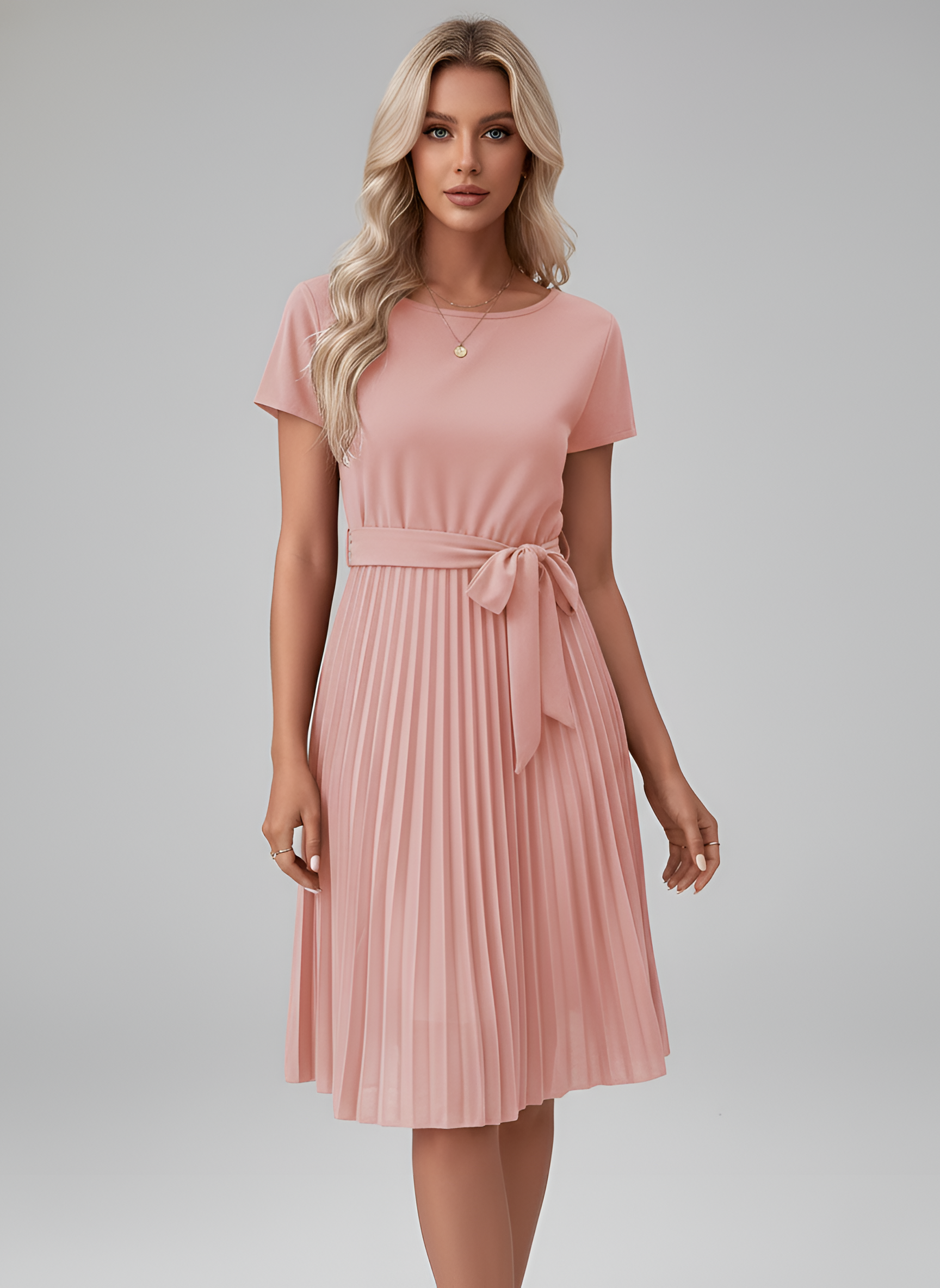 Robe Midi en Georgette pour Femme avec Ceinture et Jupe Plissée à Manches Courtes