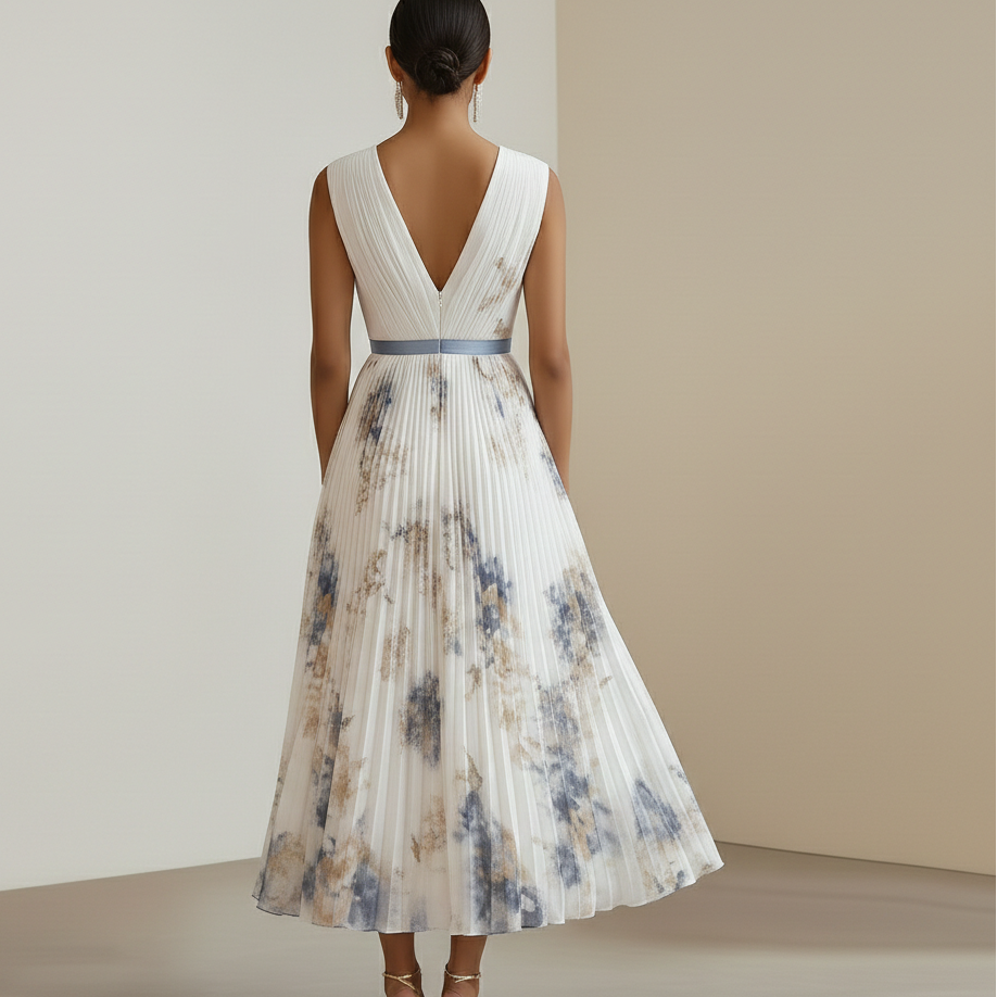 Robe de Cérémonie Florale Élégante en Bleu et Blanc