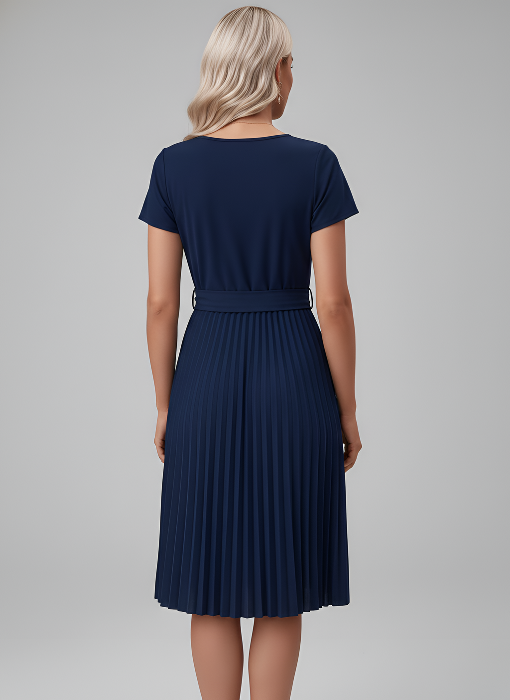 Robe Midi en Georgette pour Femme avec Ceinture et Jupe Plissée à Manches Courtes