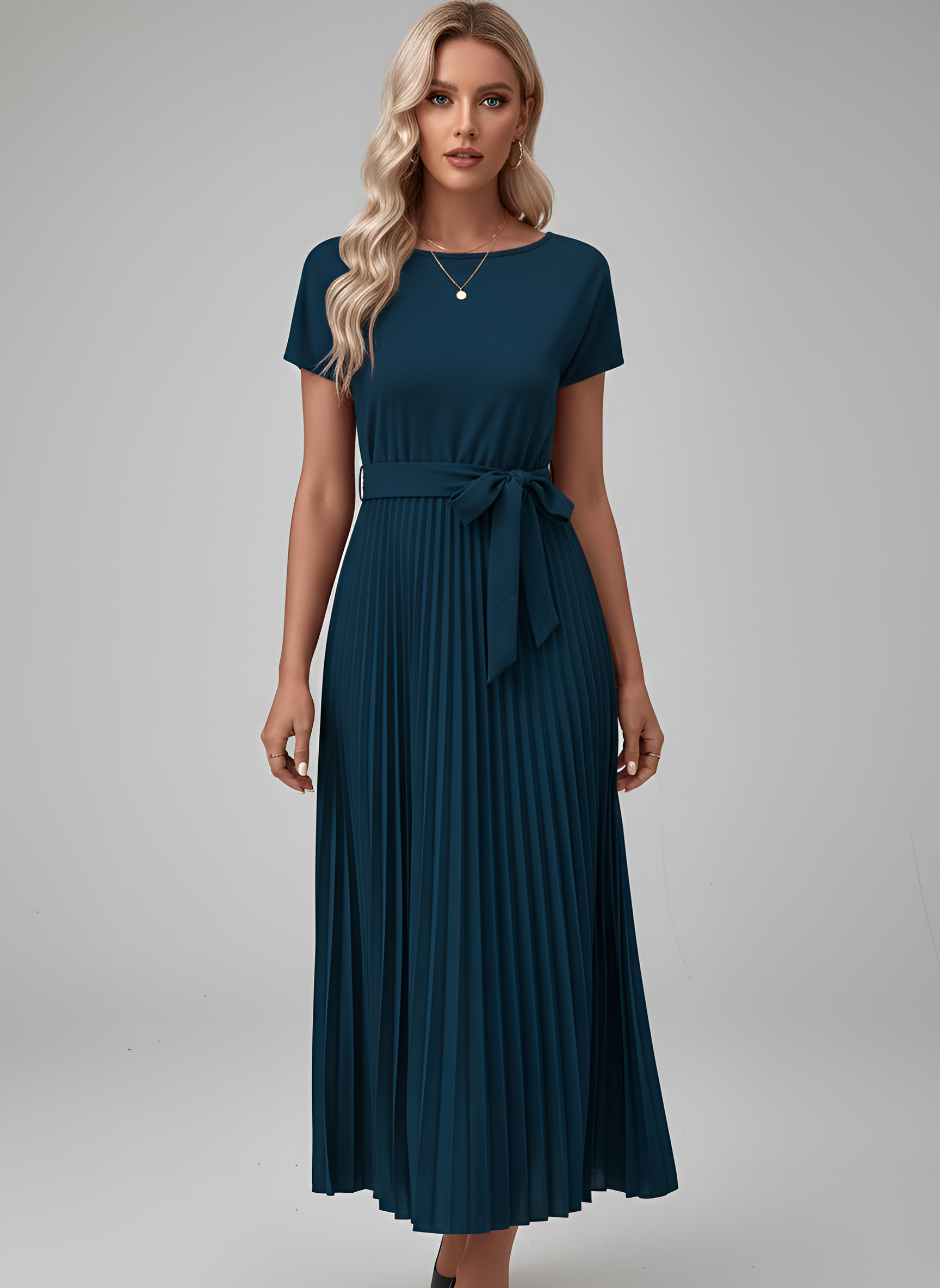 Robe Midi en Georgette pour Femme avec Ceinture et Jupe Plissée à Manches Courtes