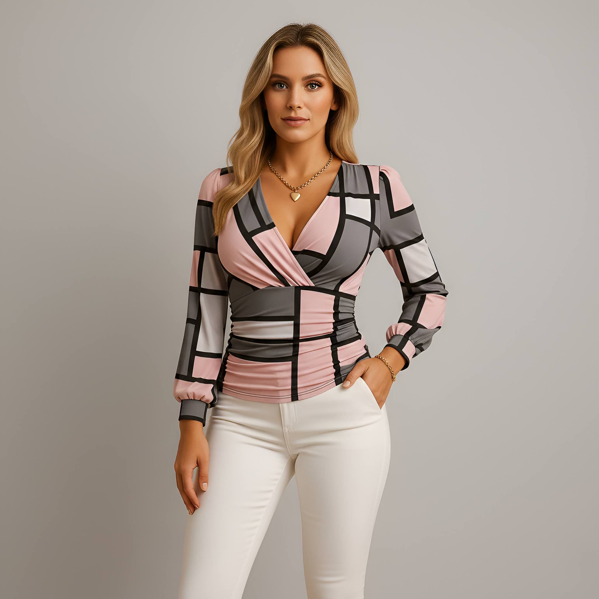 Blouse Femme avec Décolleté en V Croisé, Manches Longues et Ajustement Cintré