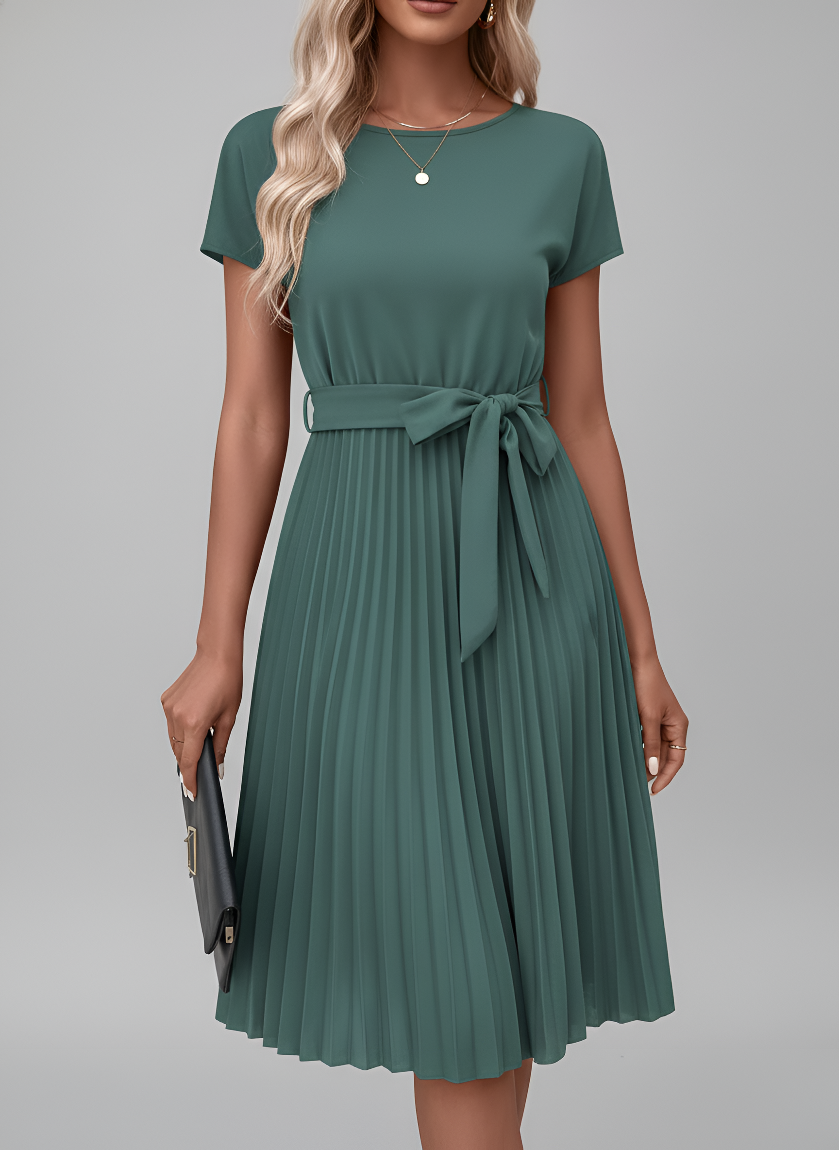 Robe Midi en Georgette pour Femme avec Ceinture et Jupe Plissée à Manches Courtes