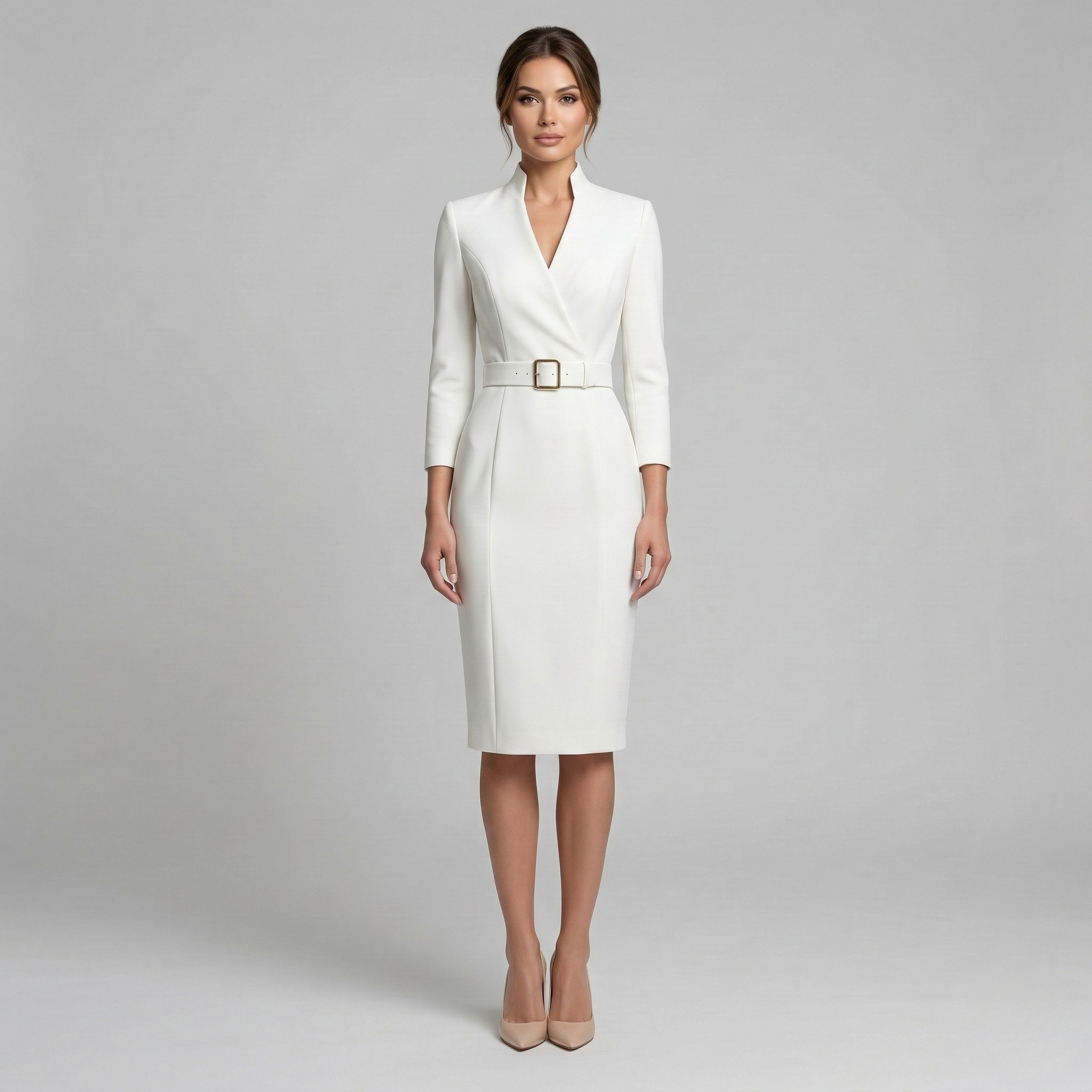 Robe Midi Ajustée avec Col Montant et Manches 3/4 avec Ceinture pour Femme