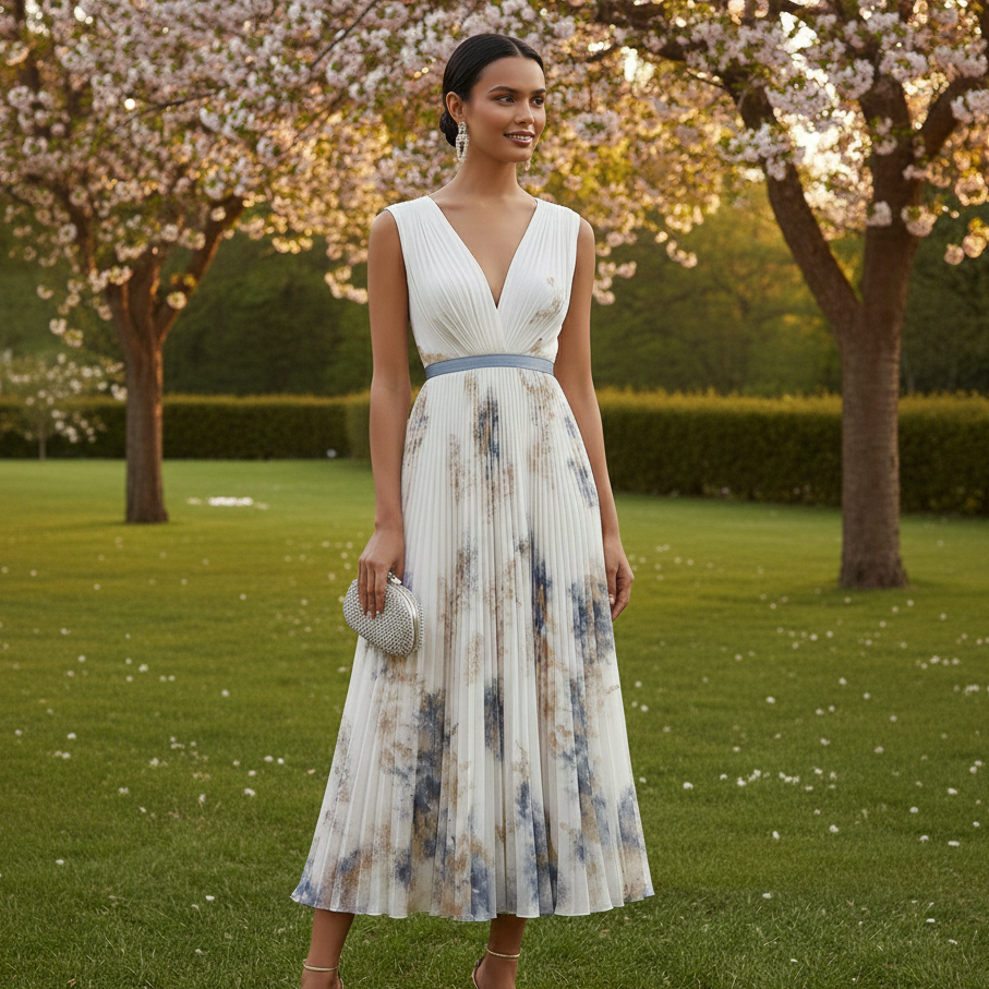 Robe de Cérémonie Florale Élégante en Bleu et Blanc