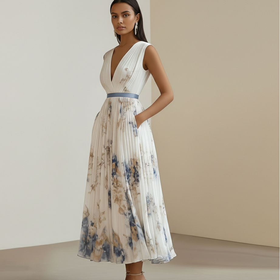 Robe de Cérémonie Florale Élégante en Bleu et Blanc