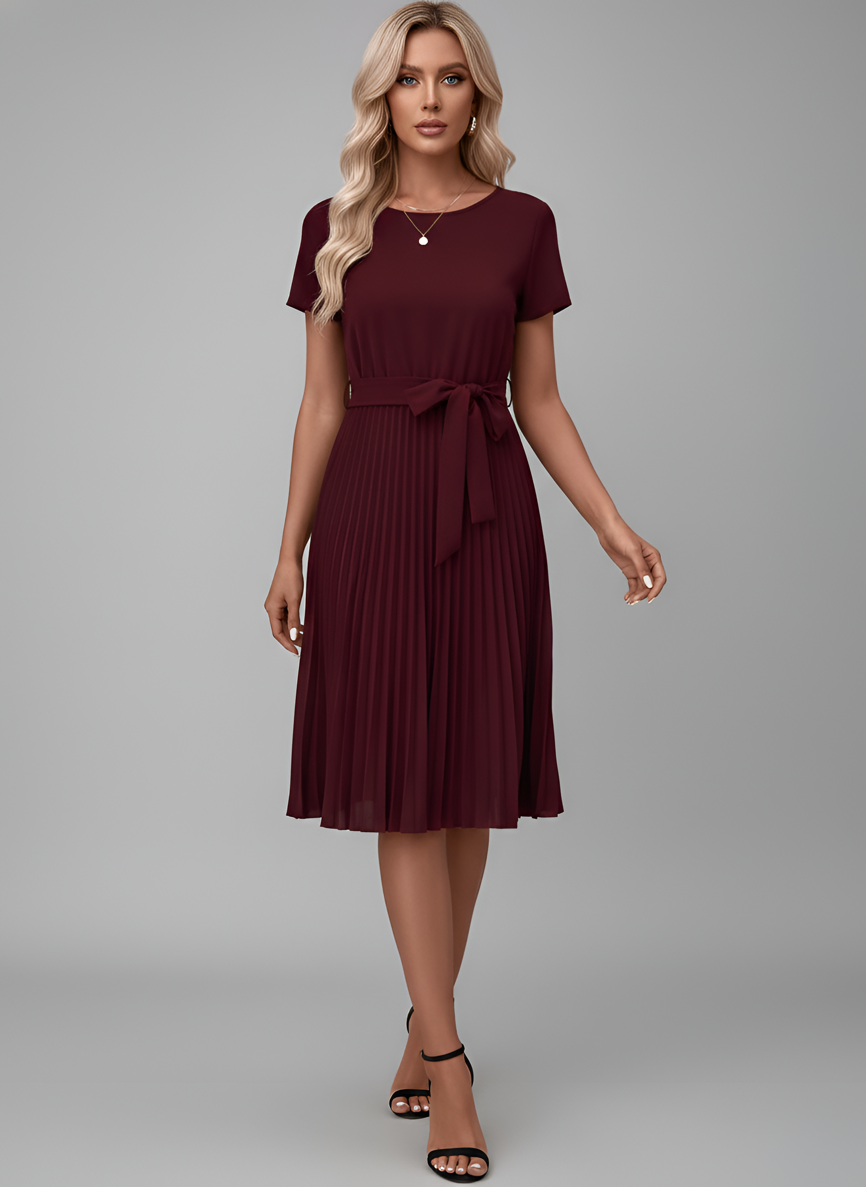 Robe Midi en Georgette pour Femme avec Ceinture et Jupe Plissée à Manches Courtes