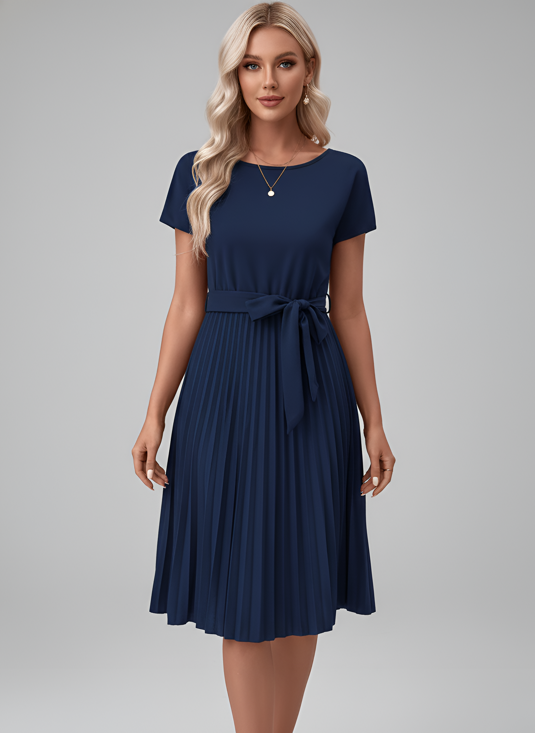 Robe Midi en Georgette pour Femme avec Ceinture et Jupe Plissée à Manches Courtes