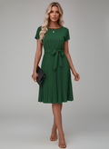 Robe Midi en Georgette pour Femme avec Ceinture et Jupe Plissée à Manches Courtes