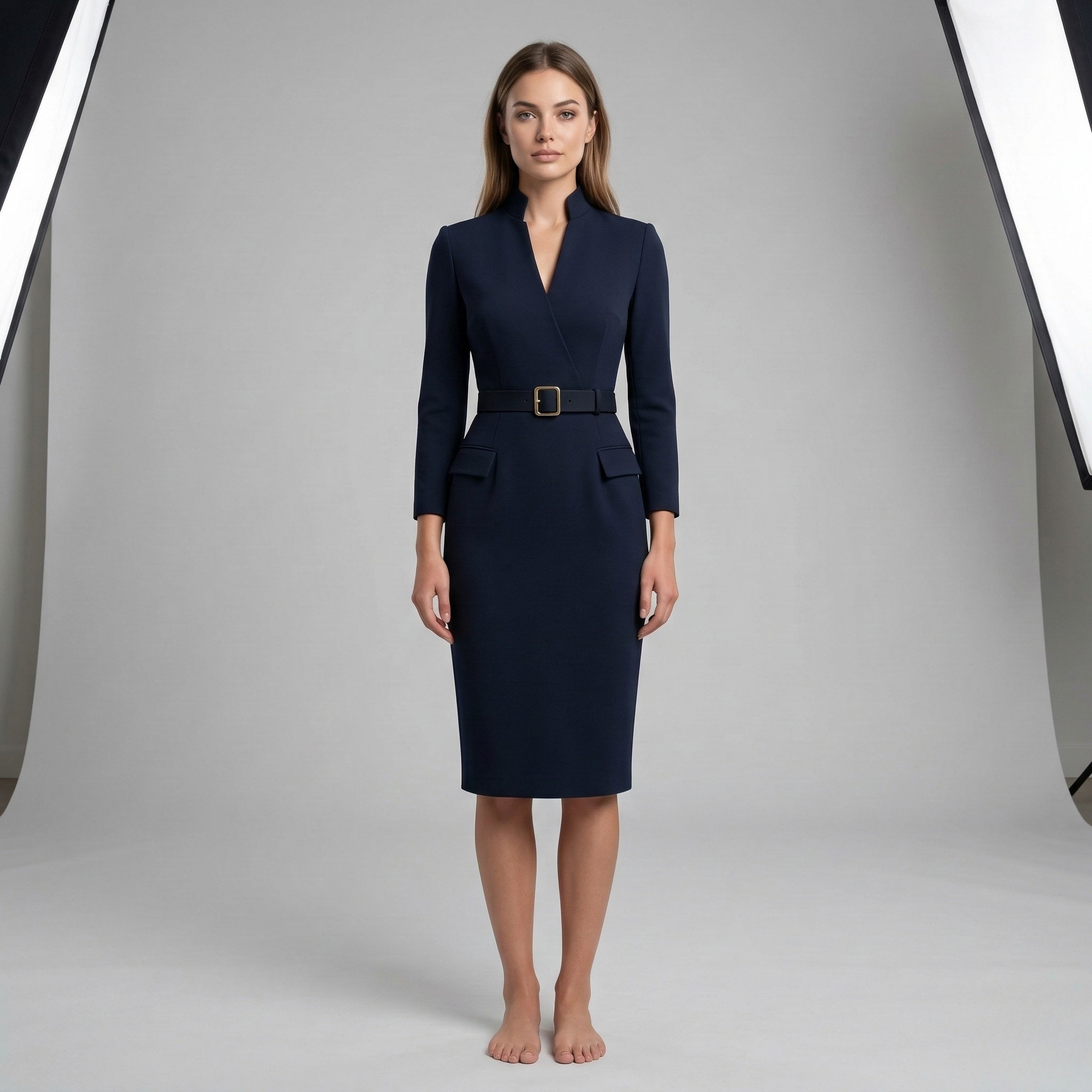 Robe Midi Ajustée avec Col Montant et Manches 3/4 avec Ceinture pour Femme